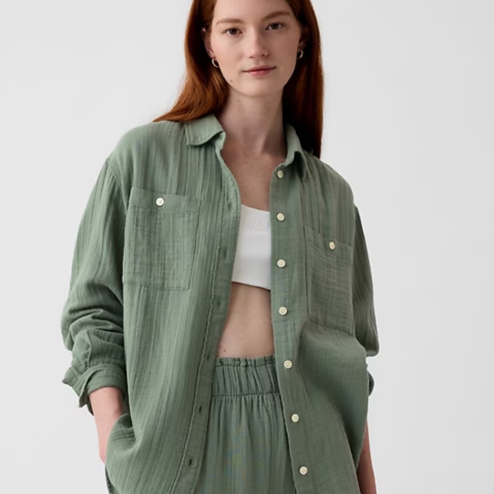 GAP Crinkle Gauze Big Shirt - Button-Up - Laurel Wreath Green Medium